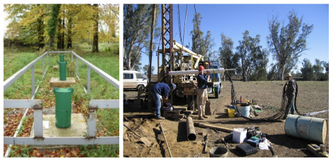 Cluster of boreholes to monitor groundwater level and quality at different depths (left), Multi-level sampling device being installed at a site in Australia (right)